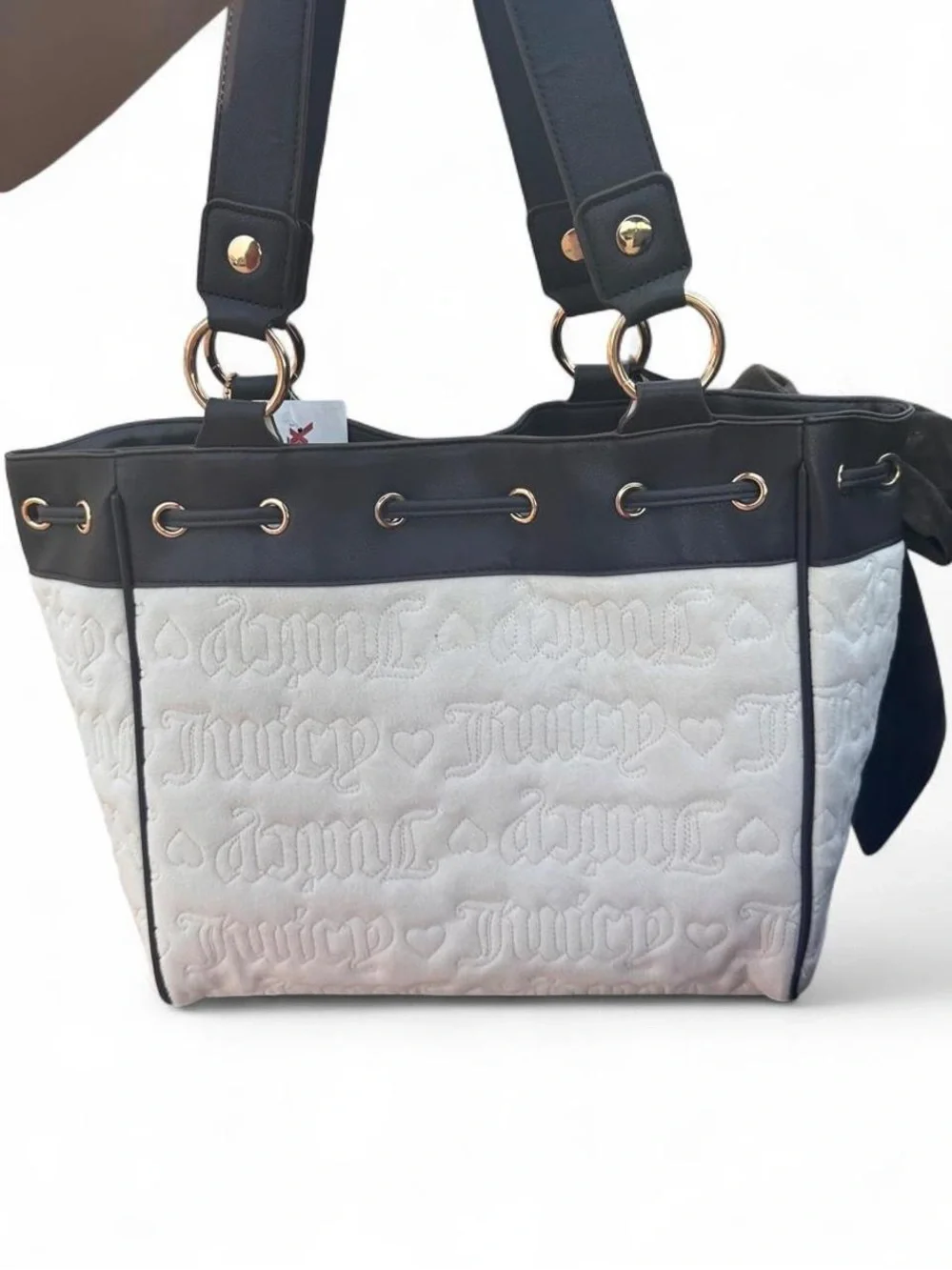 Juicy Couture “Vintage Couture” Daydreamer Tote, white/brown/pink letters